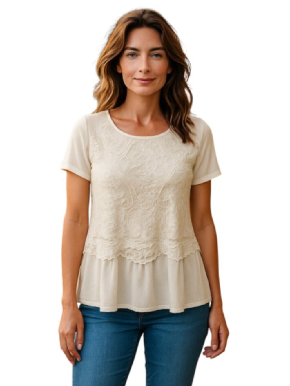 Rewind Medium Off-White Sheer Lace Blouse Peplum Short Sleeve Pullover Boho